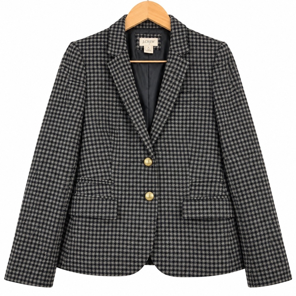 J.Crew Womens Houndstooth Wool Blazer Elbow Patches Grey Black B1424 Size 6
